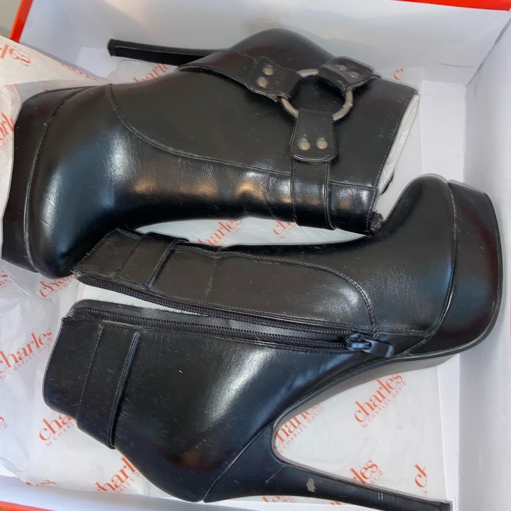 Charles David Black Leather Moto Ankle Boots